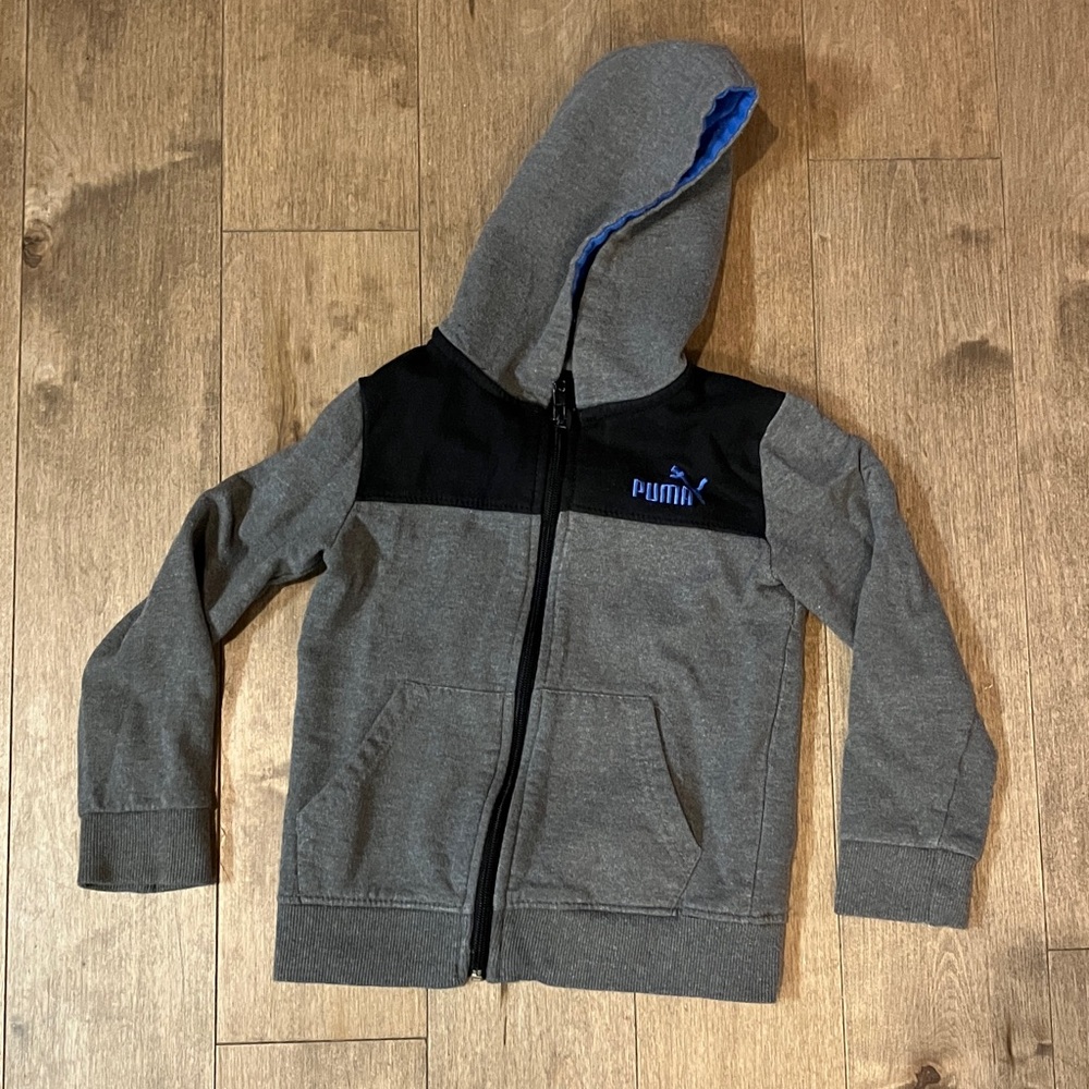 Puma Kids Gray and Black Hoodie with Blue Accents
